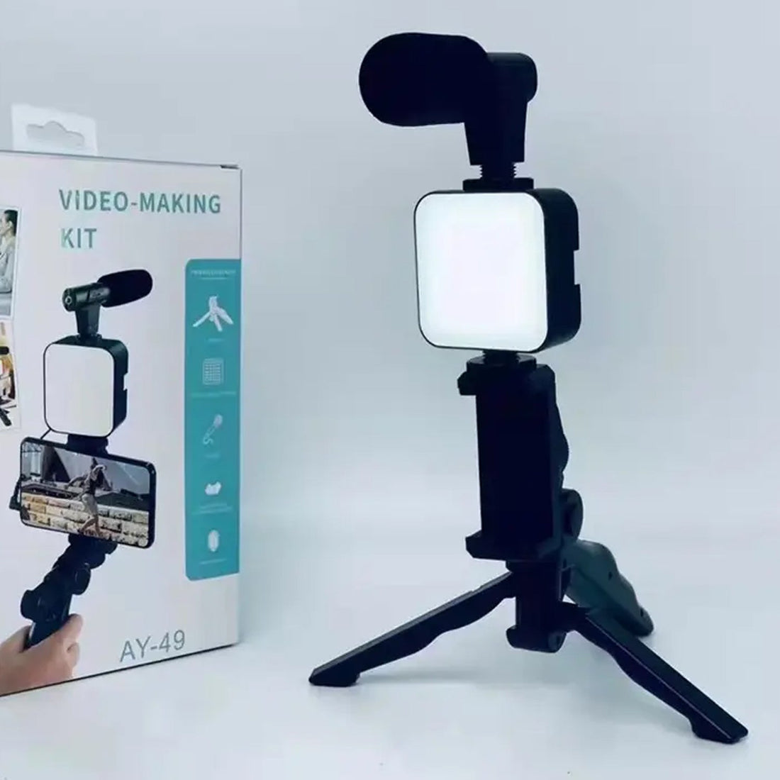 Video Making Vlogging Kit (Mic + LED Light + Tripod Stand + Phone Holder Clip + Remote)