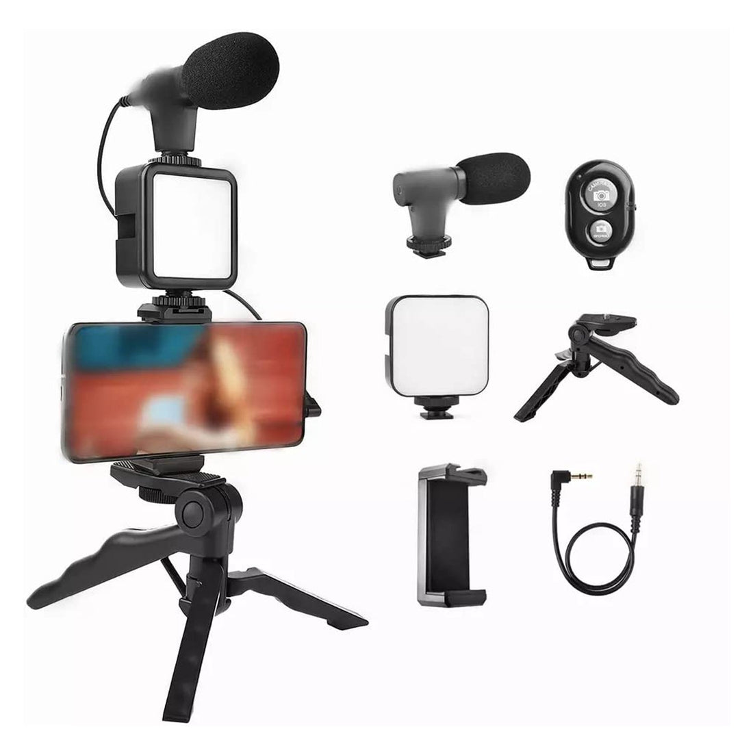 Video Making Vlogging Kit (Mic + LED Light + Tripod Stand + Phone Holder Clip + Remote)