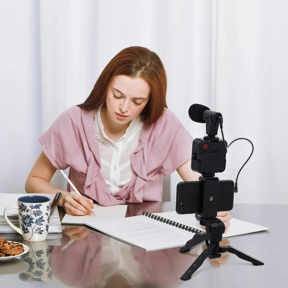 Video Making Vlogging Kit (Mic + LED Light + Tripod Stand + Phone Holder Clip + Remote)