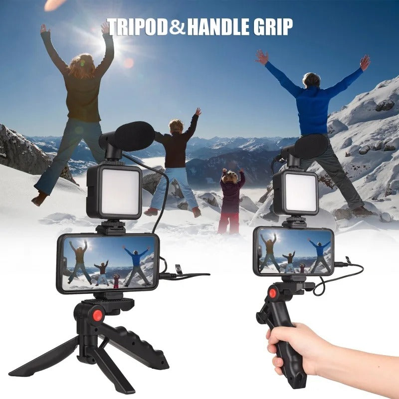 Video Making Vlogging Kit (Mic + LED Light + Tripod Stand + Phone Holder Clip + Remote)